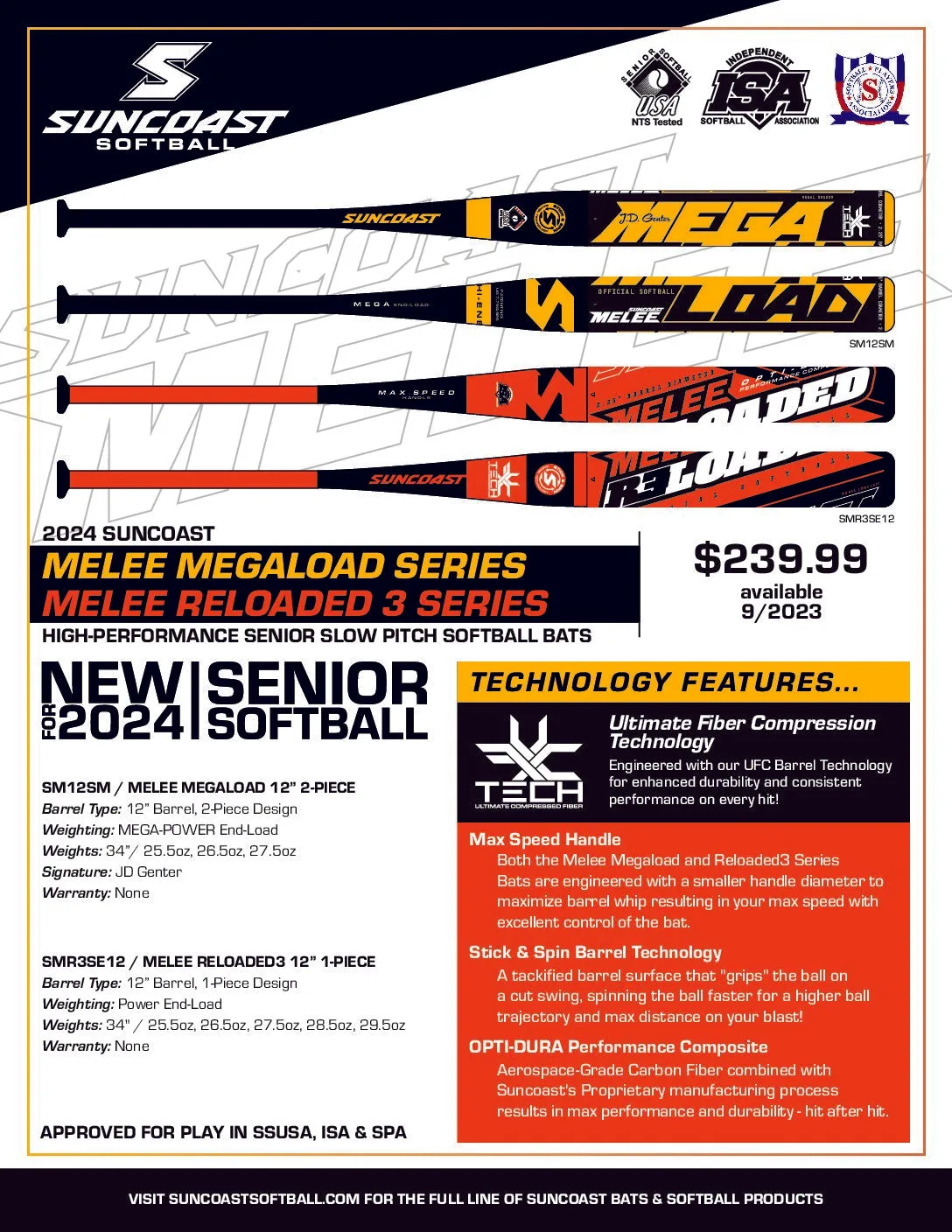 2024 Suncoast Melee Reloaded 3 12" 1-Piece Senior Softball Bat SMR3SE12