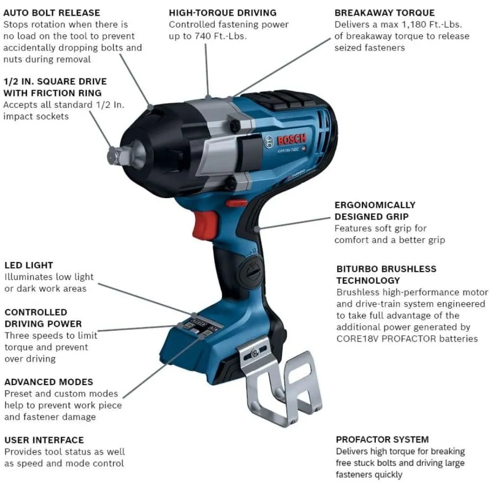 Bosch GDS18V-740CN 18V PROFACTOR Brushless Connected-Ready 1/2" Impact Wrench w/ Friction Ring (Bare Tool)