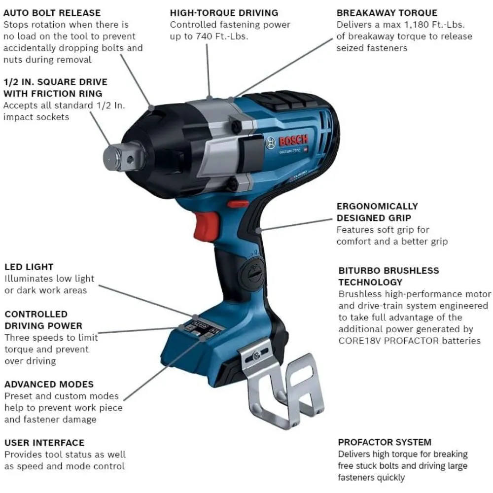 Bosch GDS18V-770CN 18V PROFACTOR Brushless Connected-Ready 3/4" Impact Wrench w/ Friction Ring & Thru Hole (Bare Tool)
