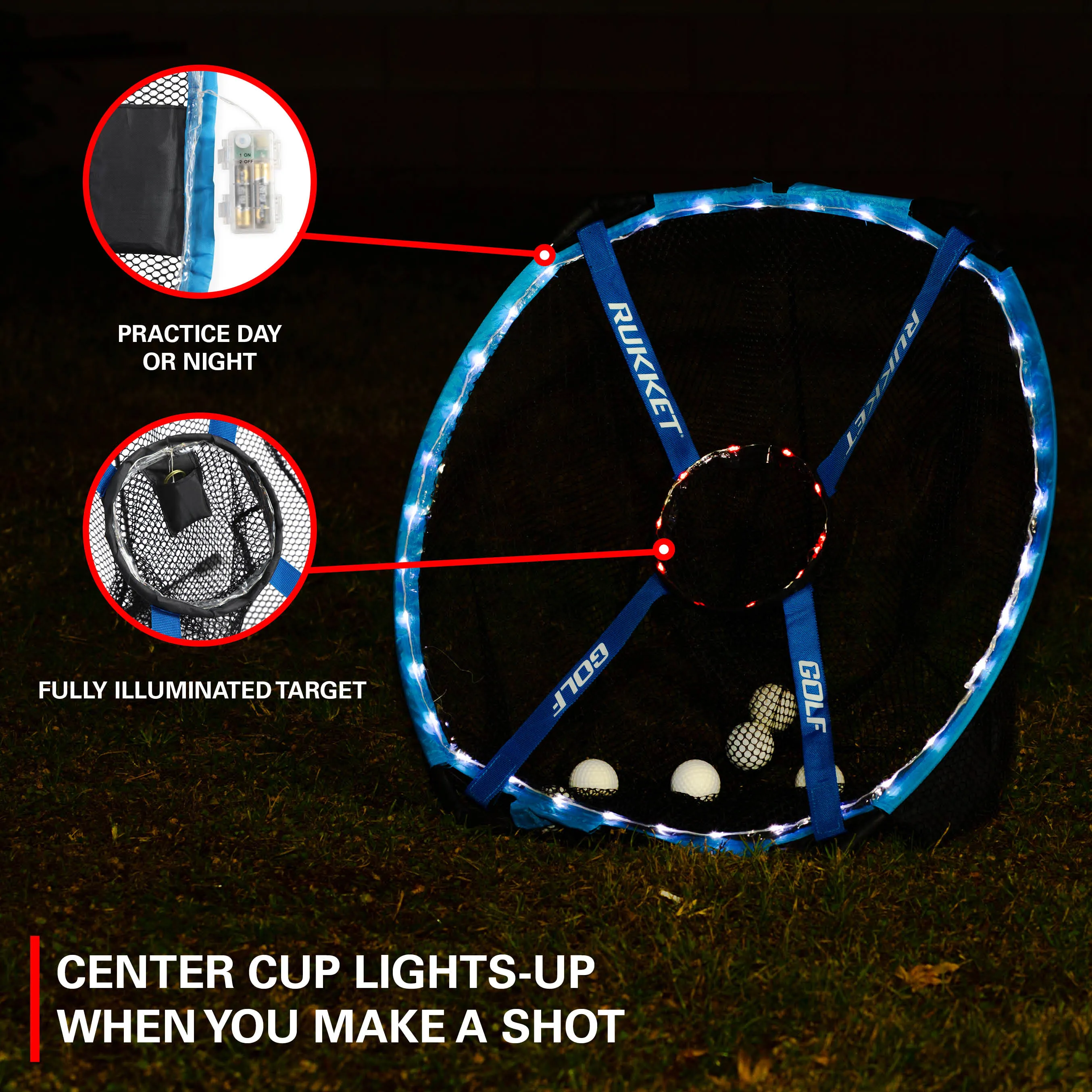 Haack Pro Light-Up Chipping Net with 6 Tru-Spin Glow-in-the-Dark Practice Balls