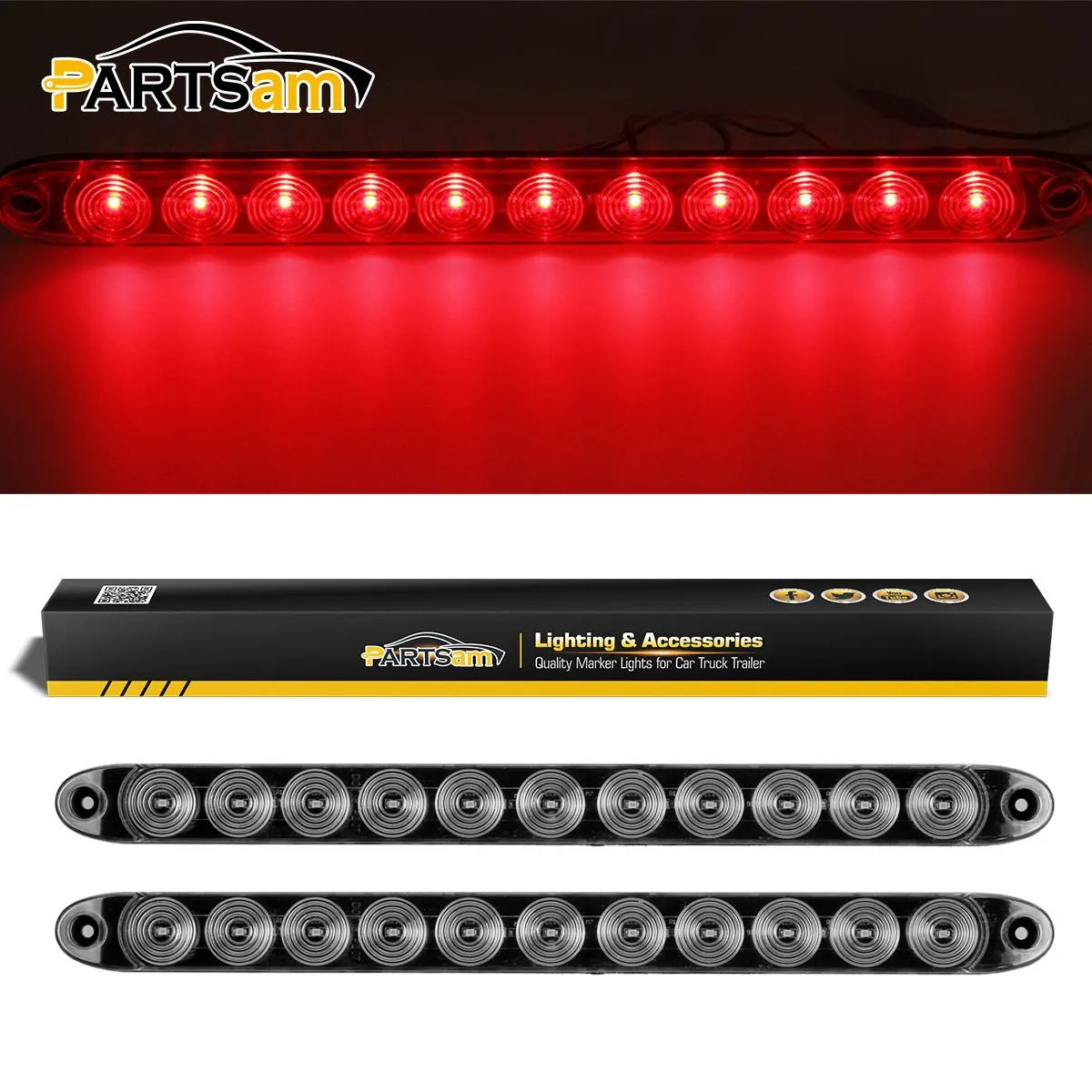 Partsam 2pcs 15inch inch Clear Lens Red 11 LED Flange Mount Trailer Truck RV Stop Turn Signal Tail Lamps 3rd Third Brake Light Bar Warning Light ID Bar