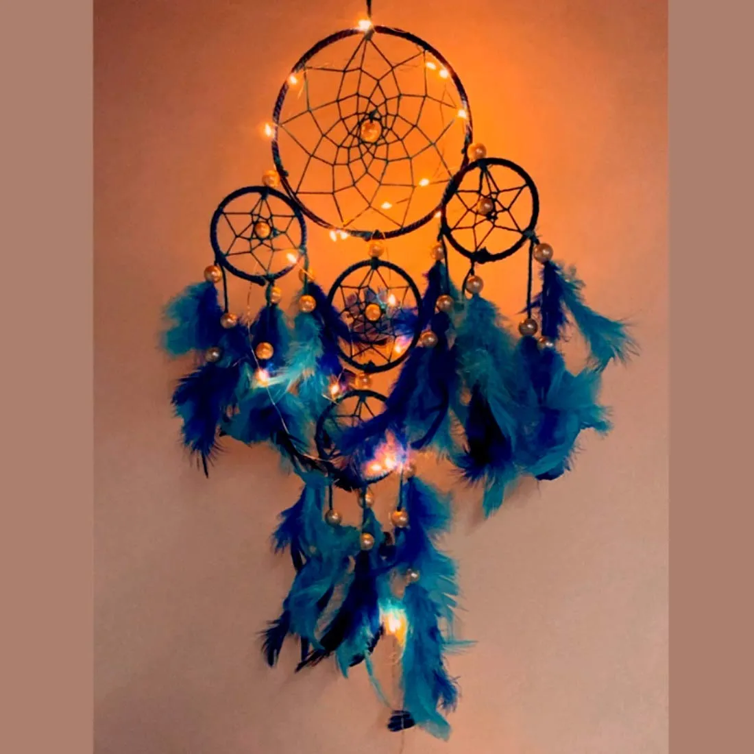 Rooh dream catcher ~ Blue 4 Tier with Pretty Lights ~ Handmade Hangings for Positivity (Can be Used as Home Decor, Gift, Wall Hangings, Meditation Room, Yoga Temple, Wind Chime & Car Hanging)