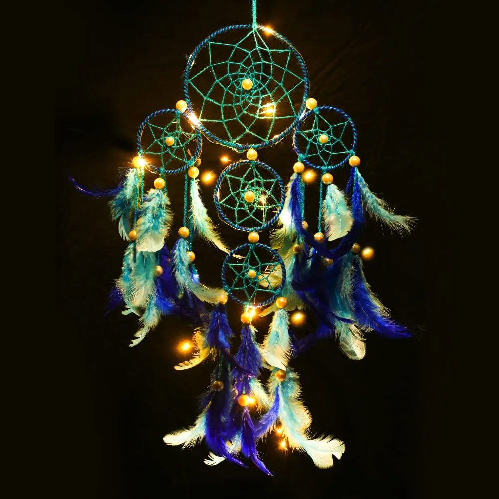 Rooh dream catcher ~ Blue 4 Tier with Pretty Lights ~ Handmade Hangings for Positivity (Can be Used as Home Decor, Gift, Wall Hangings, Meditation Room, Yoga Temple, Wind Chime & Car Hanging)