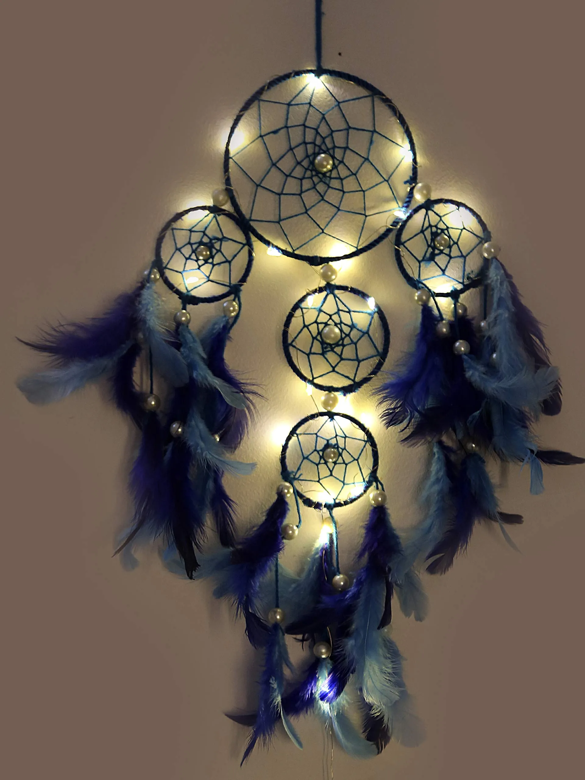 Rooh dream catcher ~ Blue 4 Tier with Pretty Lights ~ Handmade Hangings for Positivity (Can be Used as Home Decor, Gift, Wall Hangings, Meditation Room, Yoga Temple, Wind Chime & Car Hanging)