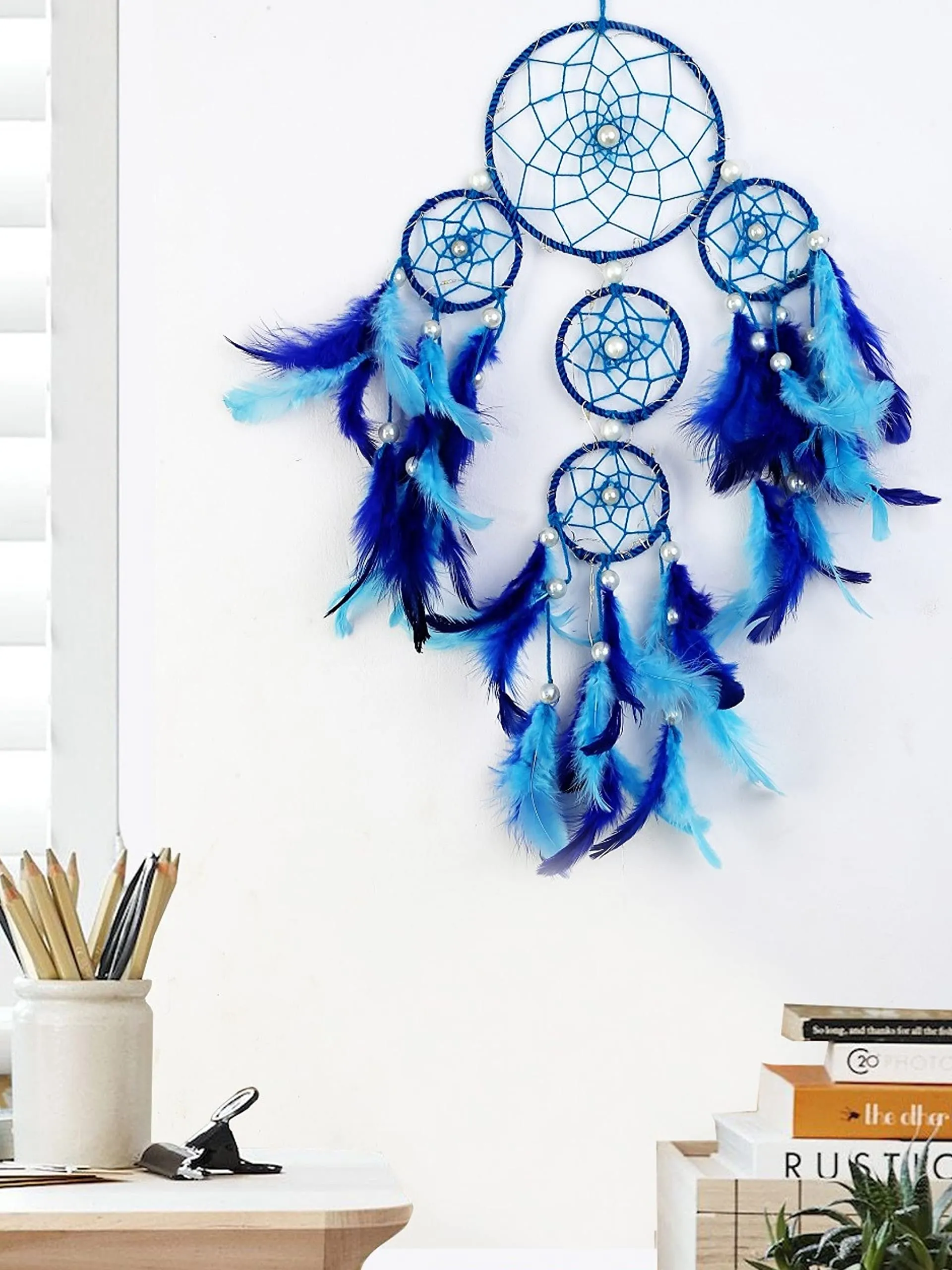 Rooh dream catcher ~ Blue 4 Tier with Pretty Lights ~ Handmade Hangings for Positivity (Can be Used as Home Decor, Gift, Wall Hangings, Meditation Room, Yoga Temple, Wind Chime & Car Hanging)