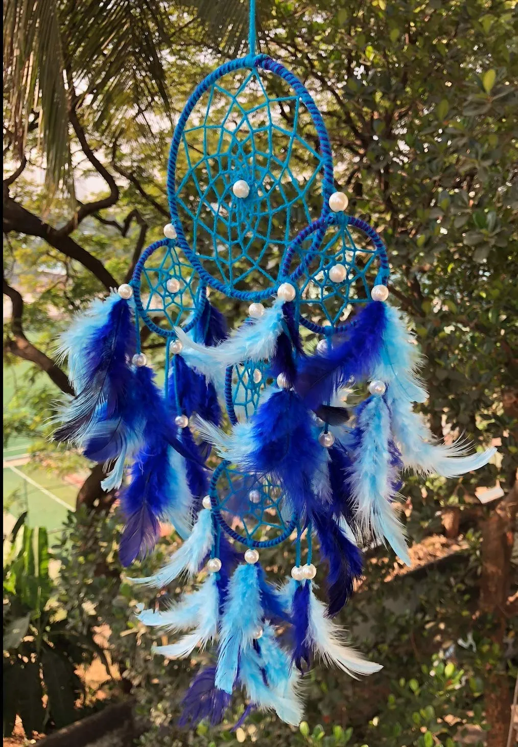 Rooh dream catcher ~ Blue 4 Tier with Pretty Lights ~ Handmade Hangings for Positivity (Can be Used as Home Decor, Gift, Wall Hangings, Meditation Room, Yoga Temple, Wind Chime & Car Hanging)