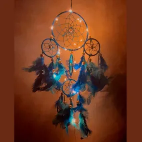 Rooh dream catcher ~ Blue 4 Tier with Pretty Lights ~ Handmade Hangings for Positivity (Can be Used as Home Decor, Gift, Wall Hangings, Meditation Room, Yoga Temple, Wind Chime & Car Hanging)