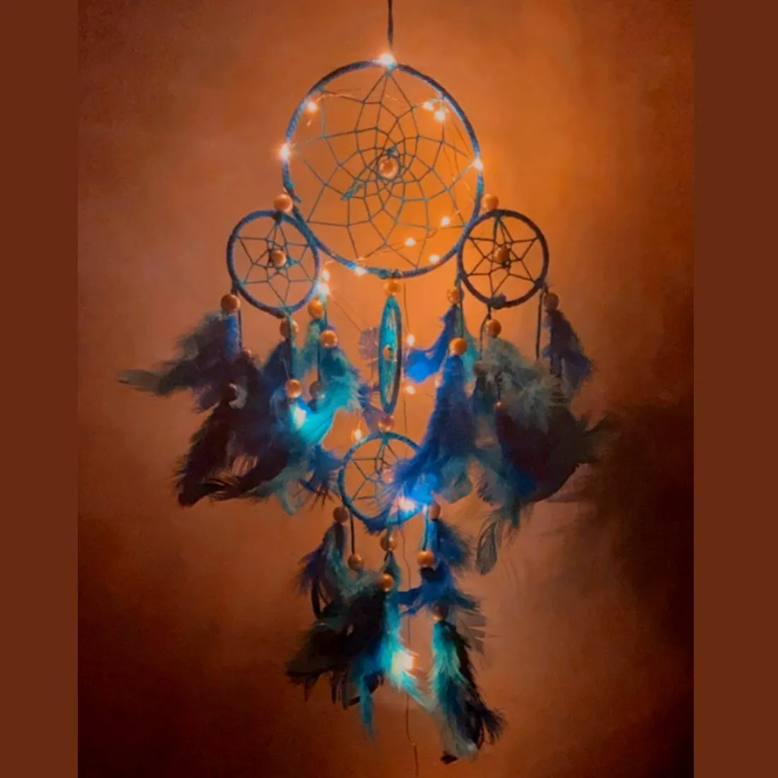 Rooh dream catcher ~ Blue 4 Tier with Pretty Lights ~ Handmade Hangings for Positivity (Can be Used as Home Decor, Gift, Wall Hangings, Meditation Room, Yoga Temple, Wind Chime & Car Hanging)