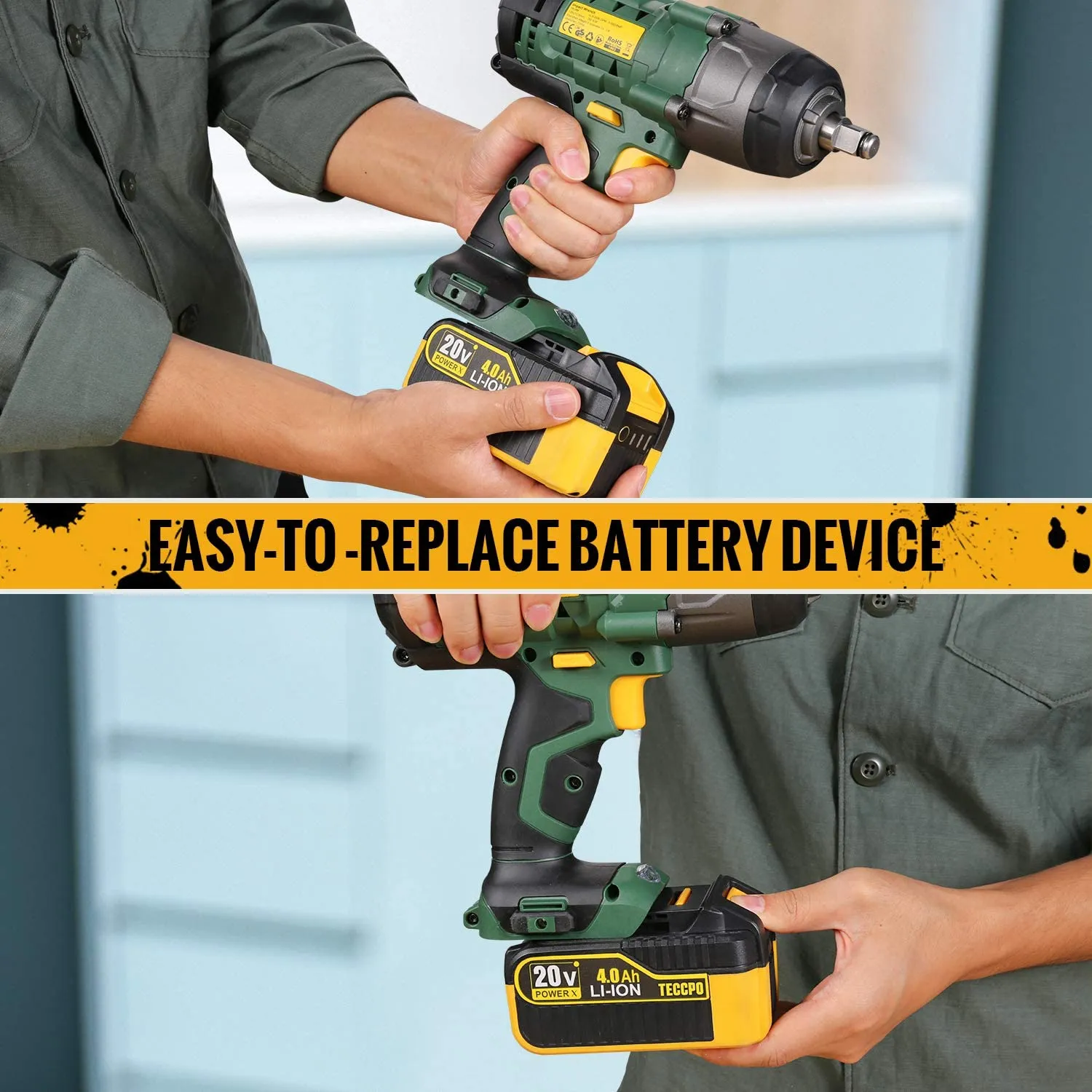 TECCPO 20/18V MAX 4.0 Ah Lithium Ion Large Capacity Battery-Pack, Rechargeable Replacement Battery, for All 20/18V TECCPO/POPOMAN Cordless Power Tools - ZPK18HS4000